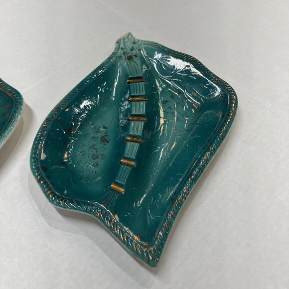 Vintage Ceramic Ashtray Leaf Shape Japan Green Swirl Glazed MCM Retro Set Of 2 - Picture 7 of 16